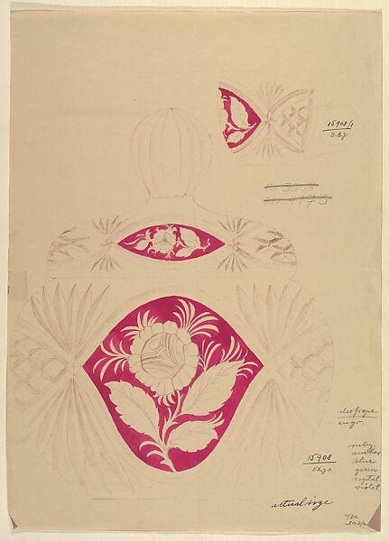 Design for Cut Glass Bottle, Anonymous, Czech, early 20th century, Purple pigment and red watercolor on beige paper (mimeograph/blue print reproductive process?) 