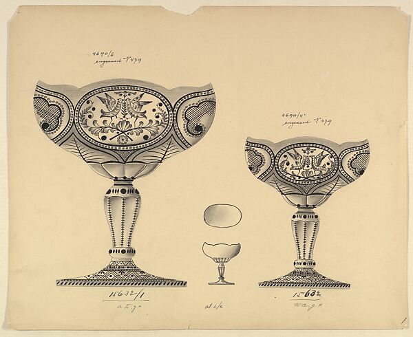 Design for Two Engraved Glass Dishes Decorated with Love Birds, Anonymous, Czech, early 20th century, Ink and wash on cream paper 