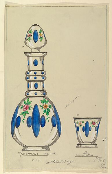Design for a Glass Bottle and Tumbler with Painted Decorations, Anonymous, Czech, early 20th century, Ink, wash and watercolor on cream paper 