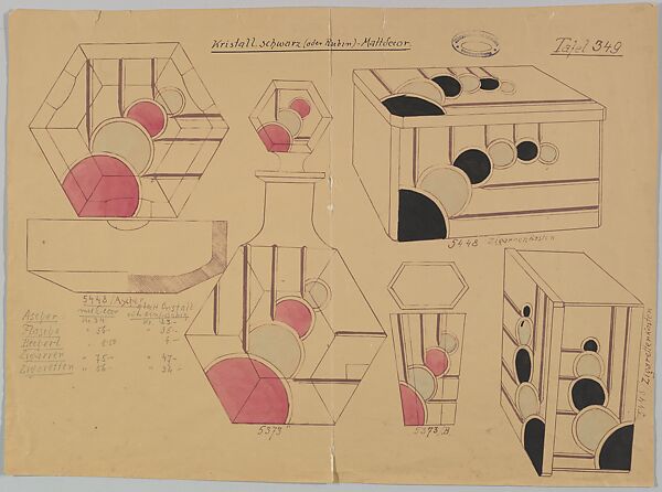 Designs for a Glass Bottle, Dish, Tumbler and Cigar and Cigarette Boxes, Anonymous, Czech, early 20th century, Purple pigment, ink and watercolor on beige paper (mimeograph/blue print reproductive process?) 