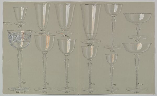Designs for a Set of Glassware (12 pieces), Anonymous, Czech, early 20th century, Ink, wash and gouache on gray paper 