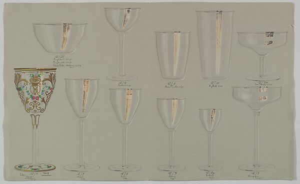 Designs for a Set of Glassware (11 pieces), Anonymous, Czech, early 20th century, Ink, wash and gouache on gray paper 