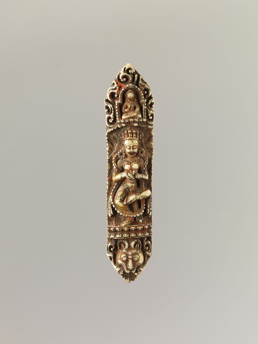 Plaque from a Tantric Ritual Apron (Chakrasamvara and Vajravarahi at Center), Bone, Nepal 