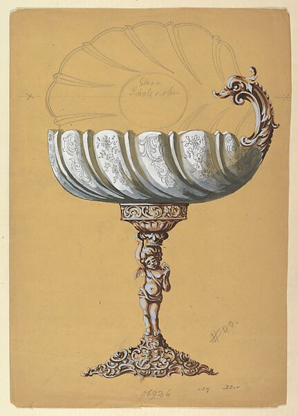 Design for Glass Renaissance Style Vessel with Metal Base, Anonymous, Czech, early 20th century, Gouache and graphite on beige paper 