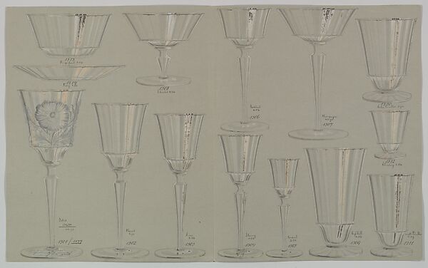 Designs for a Set of Glassware (14 pieces), Anonymous, Czech, early 20th century, Ink, wash and gouache on gray paper 