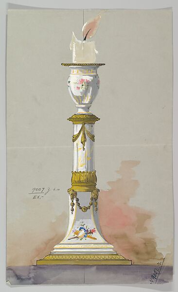 Design for a Porcelain Candlestick with Metal (?) Elements, Anonymous, Czech, early 20th century, Gouache and ink on gray paper 