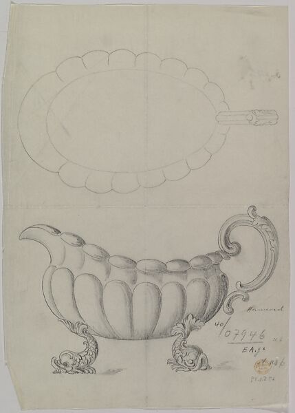 Design for a Silver Sauce Boat with Dolphin Feet, Anonymous, Czech, early 20th century, Graphite on tracing paper 