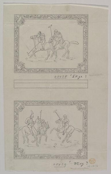 Design for Two Silver Box Lids Adorned with Polo Players, Anonymous, Czech, early 20th century, Graphite on tracing paper 