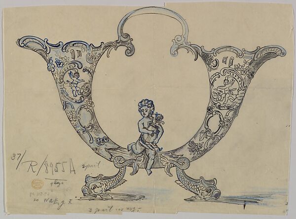 Design for a Double Horn-shaped Silver Dish with Dolphin Feet Adorned with a Putto, Anonymous, Czech, early 20th century, Ink and gouache on tracing paper 