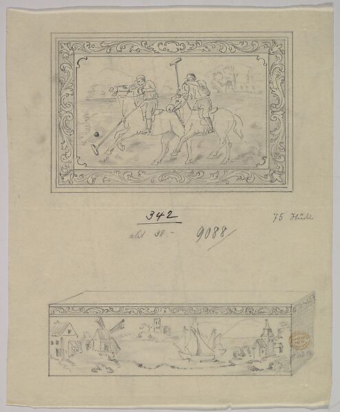 Design for a Silver Box with its Lid Adorned with Polo Players and its Side with a Costal Landscape, Anonymous, Czech, early 20th century, Graphite on tracing paper 