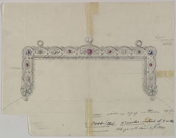 Design for a Silver Clasp for a Purse Adorned with Semi-precious Stones, Anonymous, Czech, early 20th century, Graphite and colored pigment on tracing paper 
