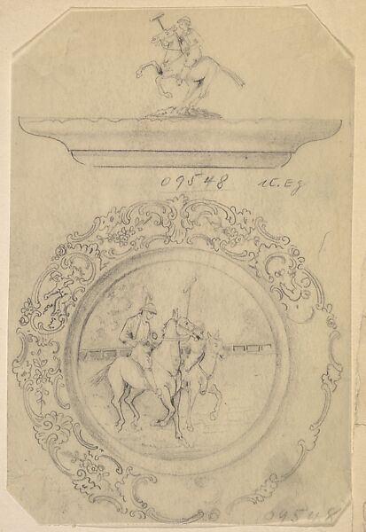 Design for a Covered Silver Dish with Polo Player Ornament, Anonymous, Czech, early 20th century, Graphite on tracing paper 