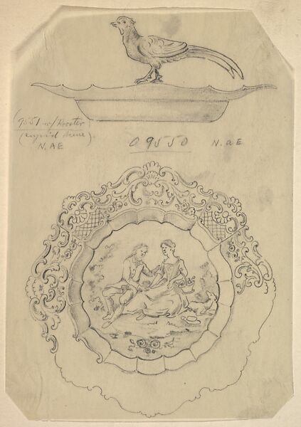 Design for a Covered Silver Dish with Rural Lovers and Pheasant Handle, Anonymous, Czech, early 20th century, Graphite on tracing paper 