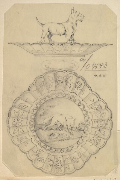 Design for a Covered Silver Dish with Aesop Fable and Dog Handle, Anonymous, Czech, early 20th century, Graphite on tracing paper 