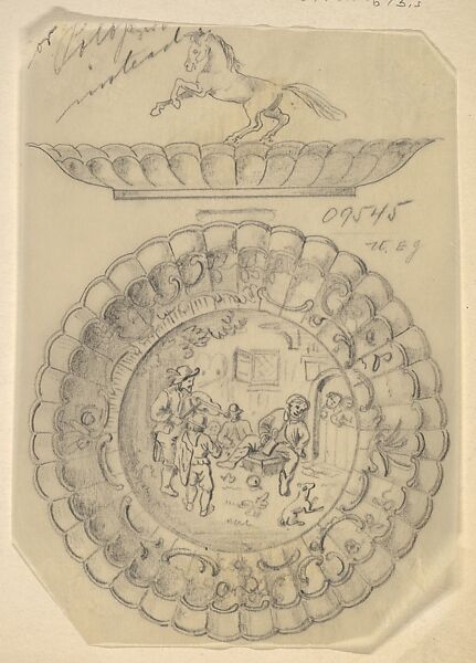 Design for a Covered Silver Dish with Tavern Scene and Horse Handle, Anonymous, Czech, early 20th century, Graphite on tracing paper 