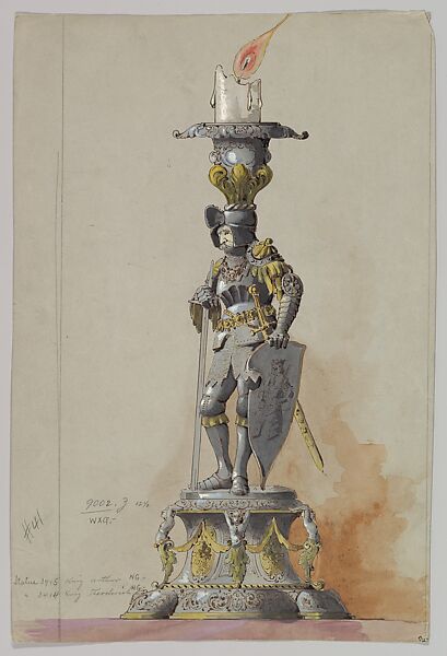 Design for a SIlver Candlestick in the Form of King Arthur or Theodoric, Anonymous, Czech, early 20th century, Ink, watercolor and gouache on gray paper 