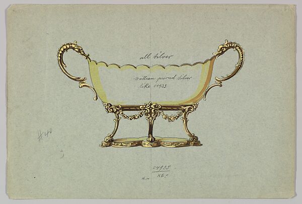 Design for a Silver Dish with Two Handles in the Form of Serpents, Anonymous, Czech, early 20th century, Ink, watercolor and gouache on gray paper 