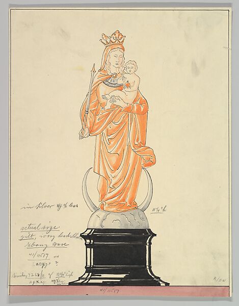 Design for a Statue of the Virgin and Child on a Crescent Moon, Anonymous, Czech, early 20th century, Ink and watercolor on cream paper 