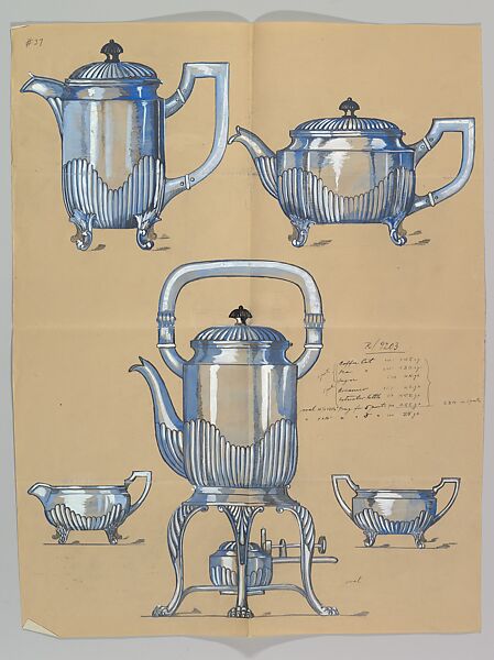 Design for a Silver Coffee and Tea Service, Anonymous, Czech, early 20th century, Ink and gouache on yellow beige paper 