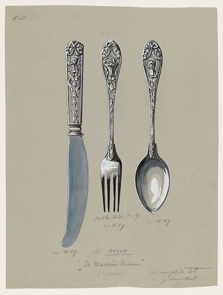 Design for a Silver Knife, Fork and Spoon "St. Marcus Pattern", Anonymous, Czech, early 20th century, Ink and gouache on gray paper 