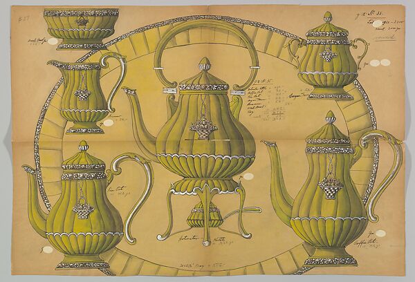Design for a Silver Coffee and Tea Service Ornamented with Baskets of Flowers, Anonymous, Czech, early 20th century, Ink and gouache on beige paper 