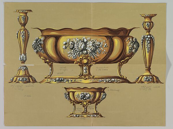 Design for Large and Small Silver Dishes and Pair of Candlesticks, Anonymous, Czech, early 20th century, Ink and gouache on brown paper 