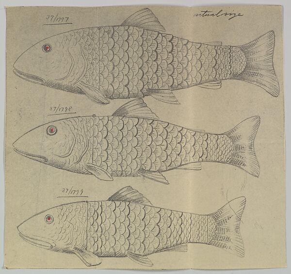 Design for Three Silver Fishes, Anonymous, Czech, early 20th century, Graphite and red pigment on gray paper 