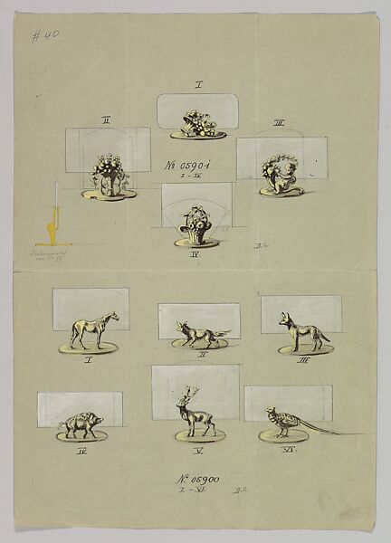 Design for SIlver Place Card Holders: Baskets of Fruits or Animals, Anonymous, Czech, early 20th century, Ink and gouache on gray green paper 