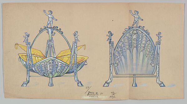 Design for Silver Dish with Opening Sides, Ornamented with Child Bacchus and Cupids, Anonymous, Czech, early 20th century, Ink and gouache on beige paper 