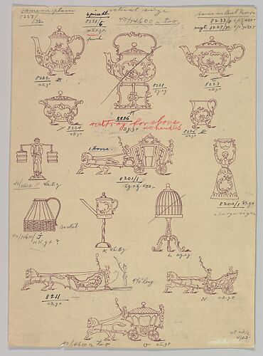 Design for Small SIlver Ornaments: Tea and Coffee Service, Carriages, Sleigh, Birdcage, Basket, Loving Cup, and Figure Carrying Buckets on Yoke