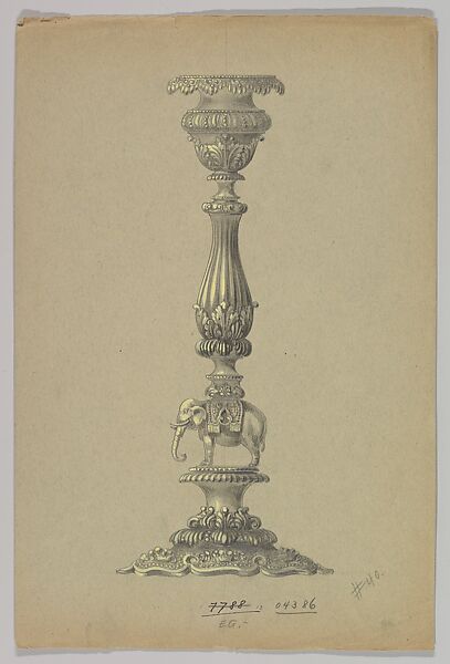 Design for a SIlver Candlestick with an Elephant, Anonymous, Czech, early 20th century, Graphite and gouache on gray paper 