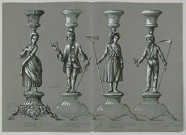 Design for Four Silver Candlesticks with Lady and Gentleman and Country Boy and Girl, Anonymous, Czech, early 20th century, Graphite, ink and gouache on gray paper 