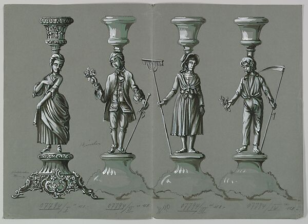 Design for Four Silver Candlesticks with Lady and Gentleman and Country Boy and Girl