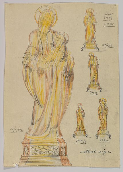 Designs for Statues of the Virgin and Child and Praying Virgin, Anonymous, Czech, early 20th century, Graphite and colored pigments on beige paper 