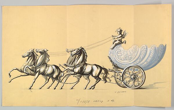 Design for an Ornamental Carriage with Silver Wheels, Drawn by Four Silver Horses and Driven by a Putto, the Body a Glass Shell, Anonymous, Czech, early 20th century, Ink and gouache on yellow beige paper 