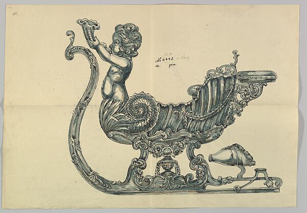 Design for Silver Sleigh Dish, its Body Formed out of a Shell and Triton, Anonymous, Czech, early 20th century, Ink and wash on beige paper