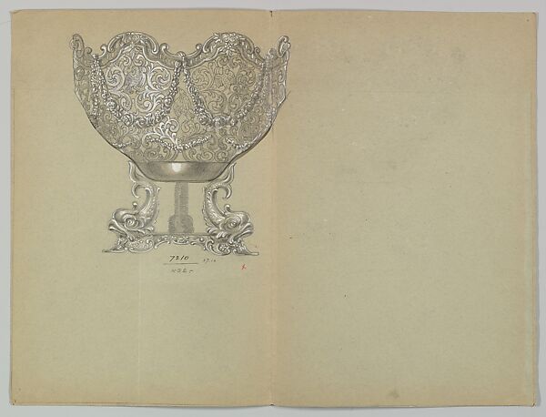 Alternate Designs for a Garlanded SIlver Dish Supported either by a Pheasant or Dolphins, Anonymous, Czech, early 20th century, Graphite and gouache on gray paper