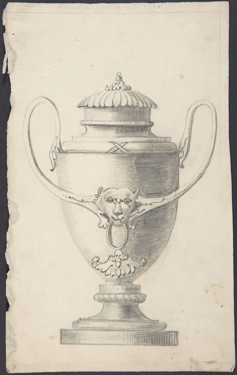 Design for a Lidded Vase with Lion's Head Boss, Anonymous, British, 19th century, Graphite