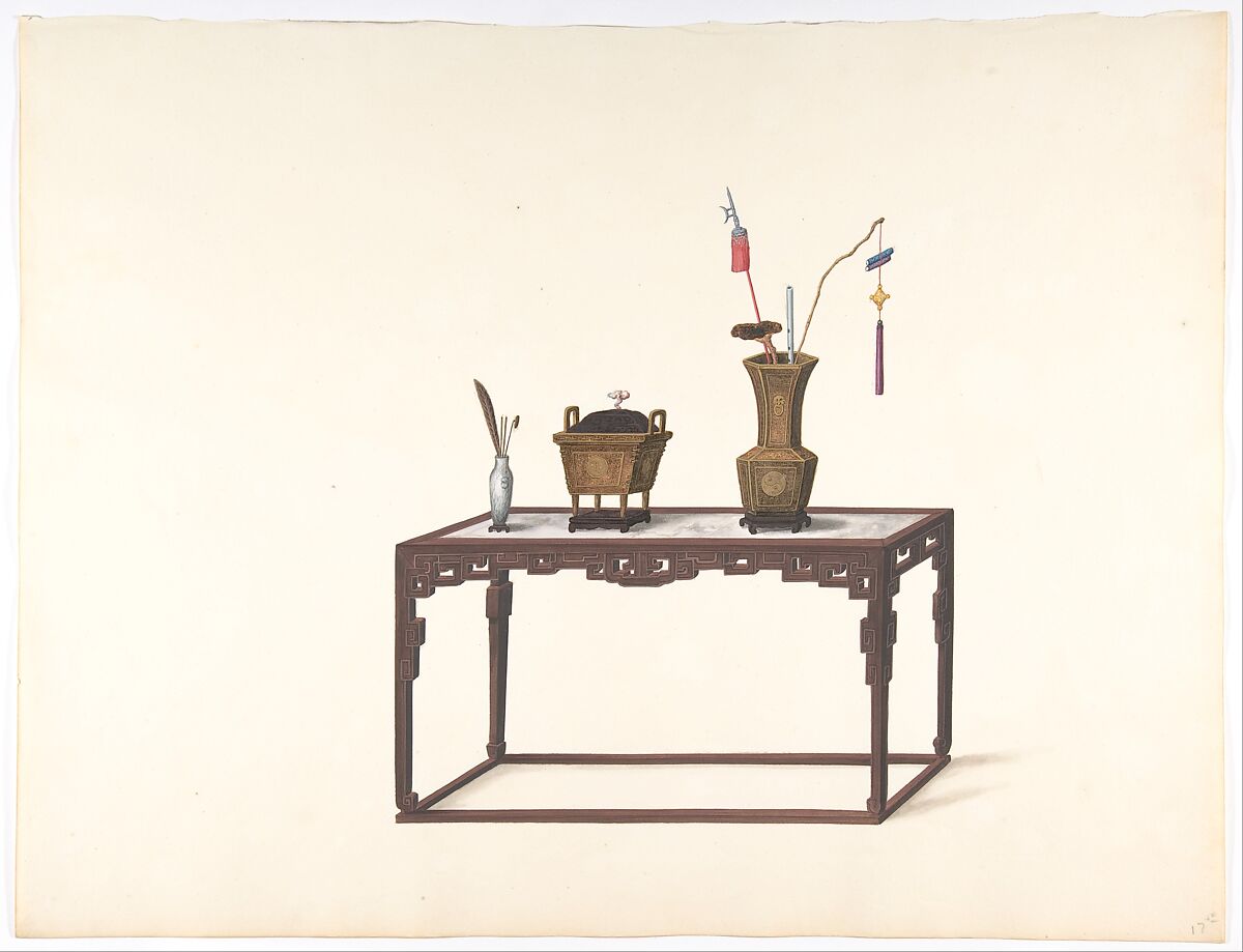 Table with Ornamental Objects, Anonymous, Chinese, 19th century, Pen and ink and gouache 