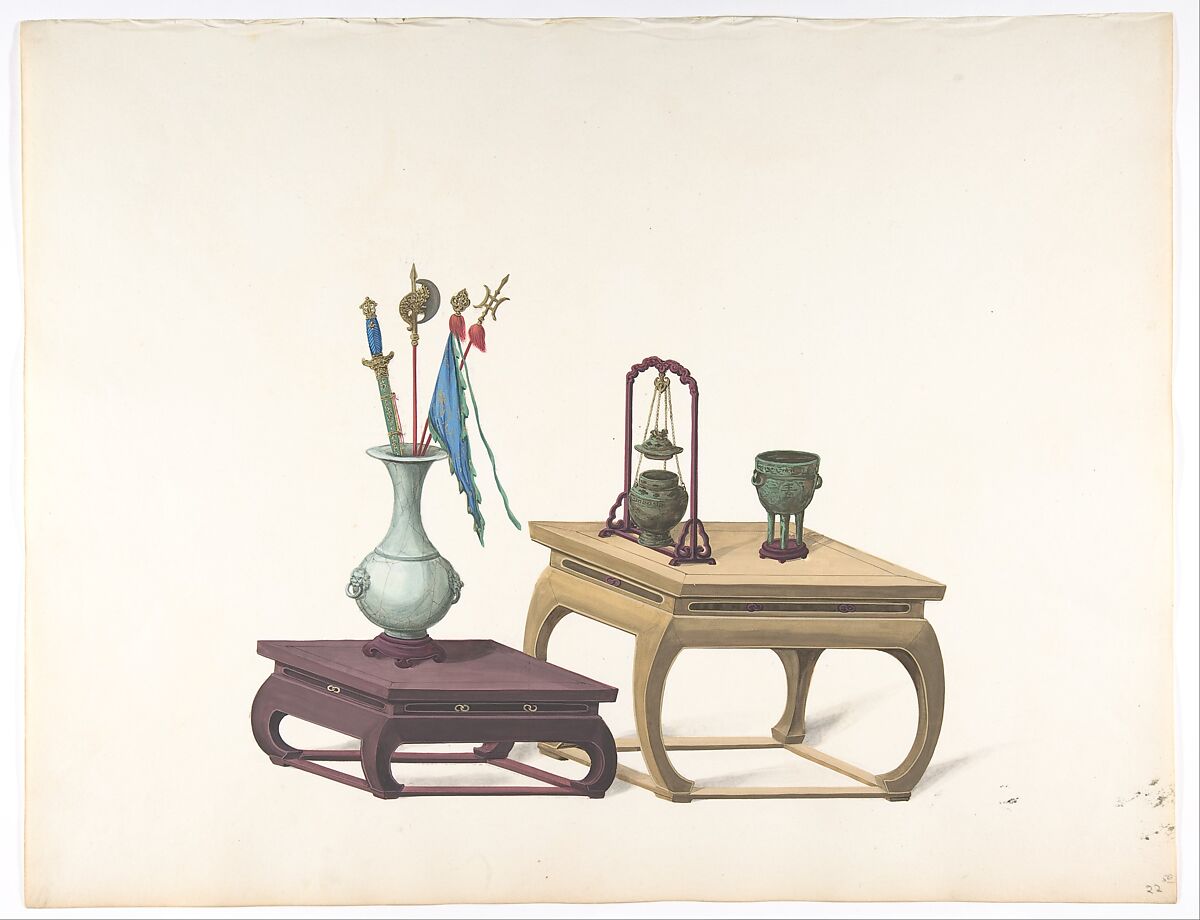 Two Low Tables with Ornamental Objects, Anonymous, Chinese, 19th century, Pen and ink and gouache 