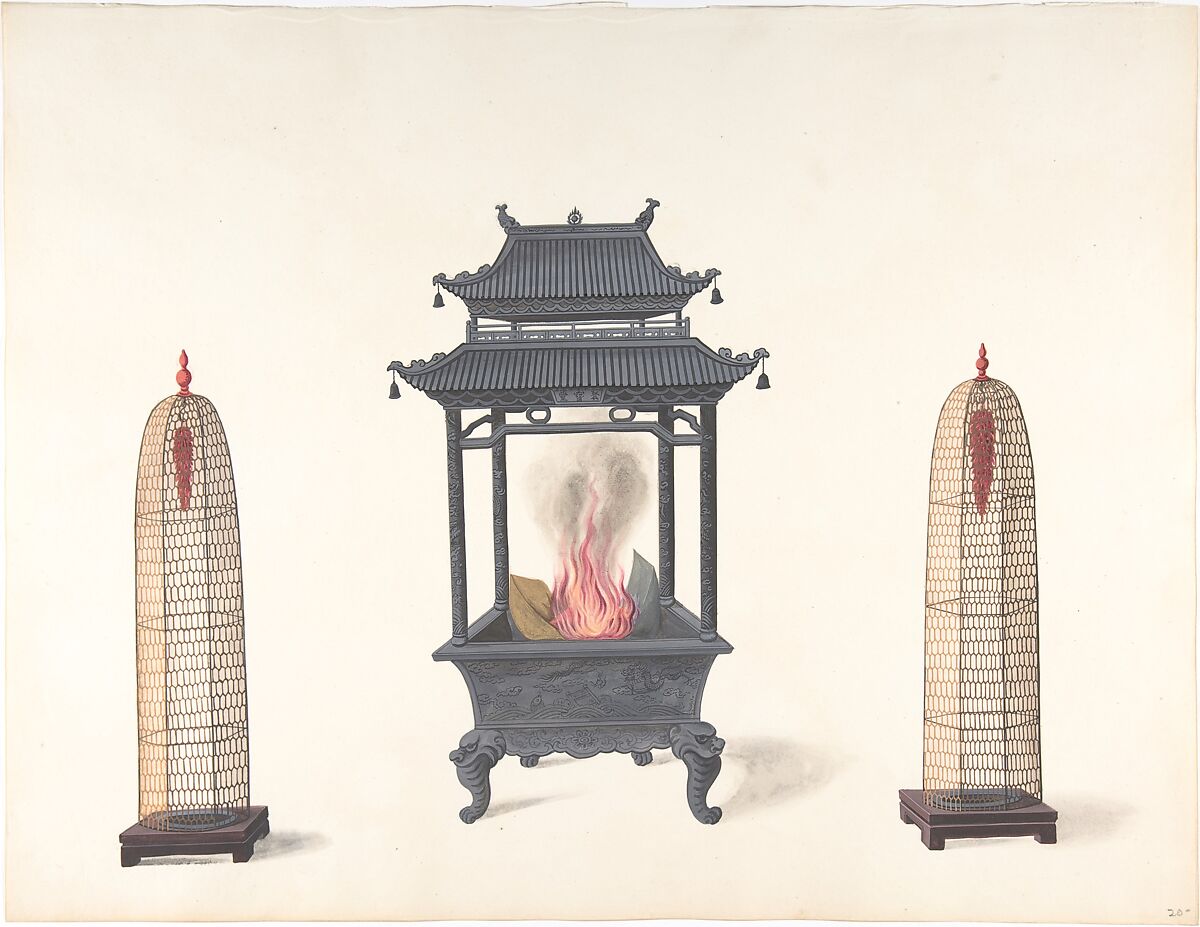 Small Stove and Two Tall Objects, Anonymous, Chinese, 19th century, Pen and ink and gouache 