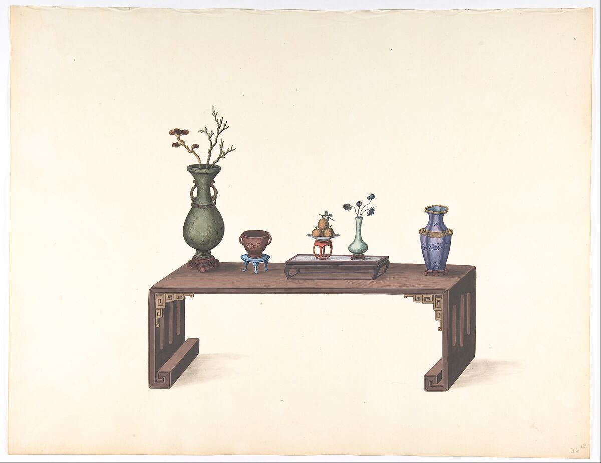 Low Table with Vases, Anonymous, Chinese, 19th century, Pen and ink and gouache 