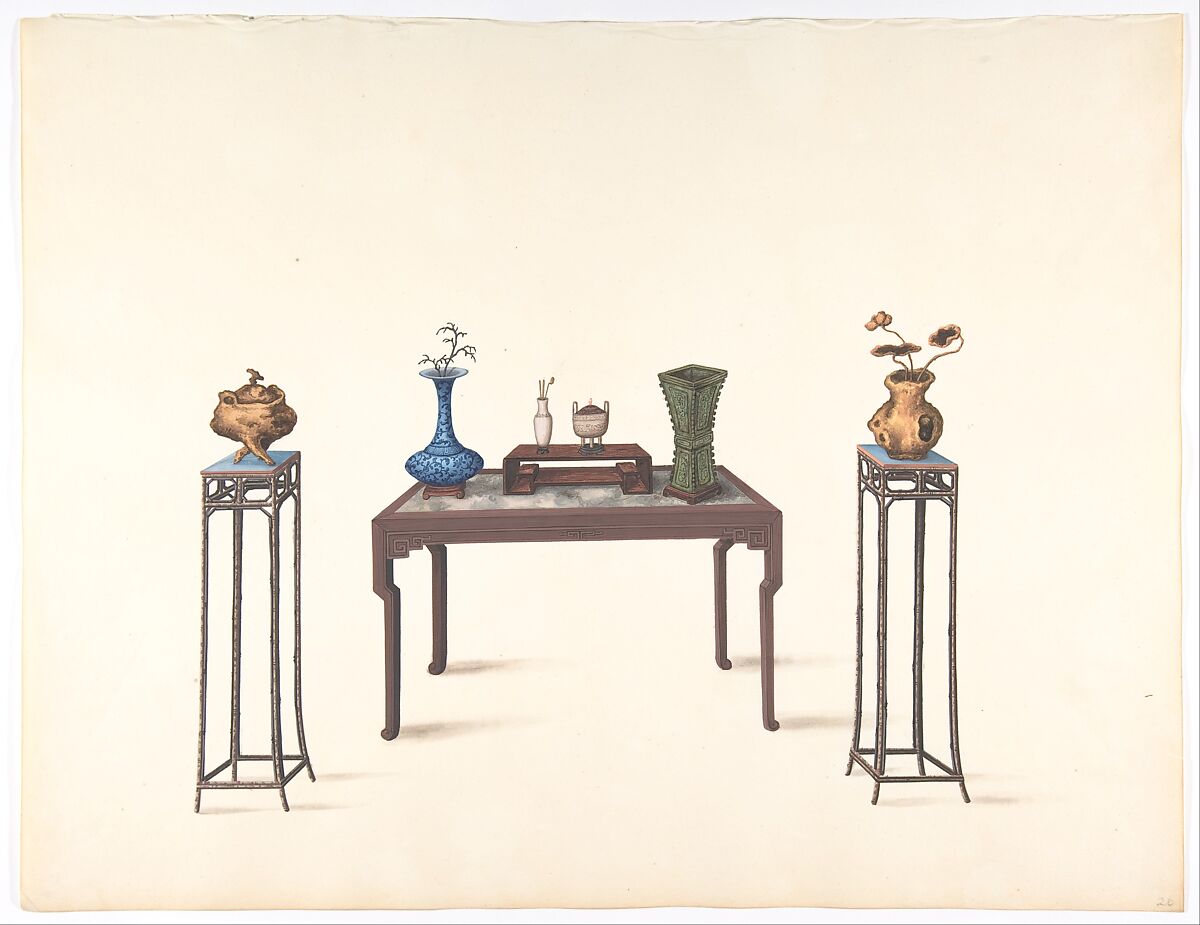 Large Table and Two Small Higher Ones with Vases, Anonymous, Chinese, 19th century, Pen and ink and gouache 