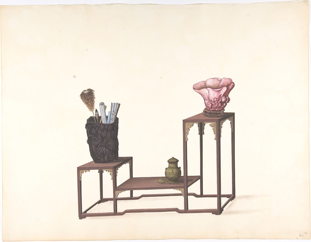 Table with Three Levels with Ornamental Objects, Anonymous, Chinese, 19th century, Pen and ink and gouache 