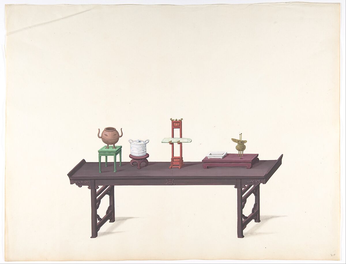 Long, Low Purple Lacquer Table with Objects, Anonymous, Chinese, 19th century, Pen and ink and gouache 