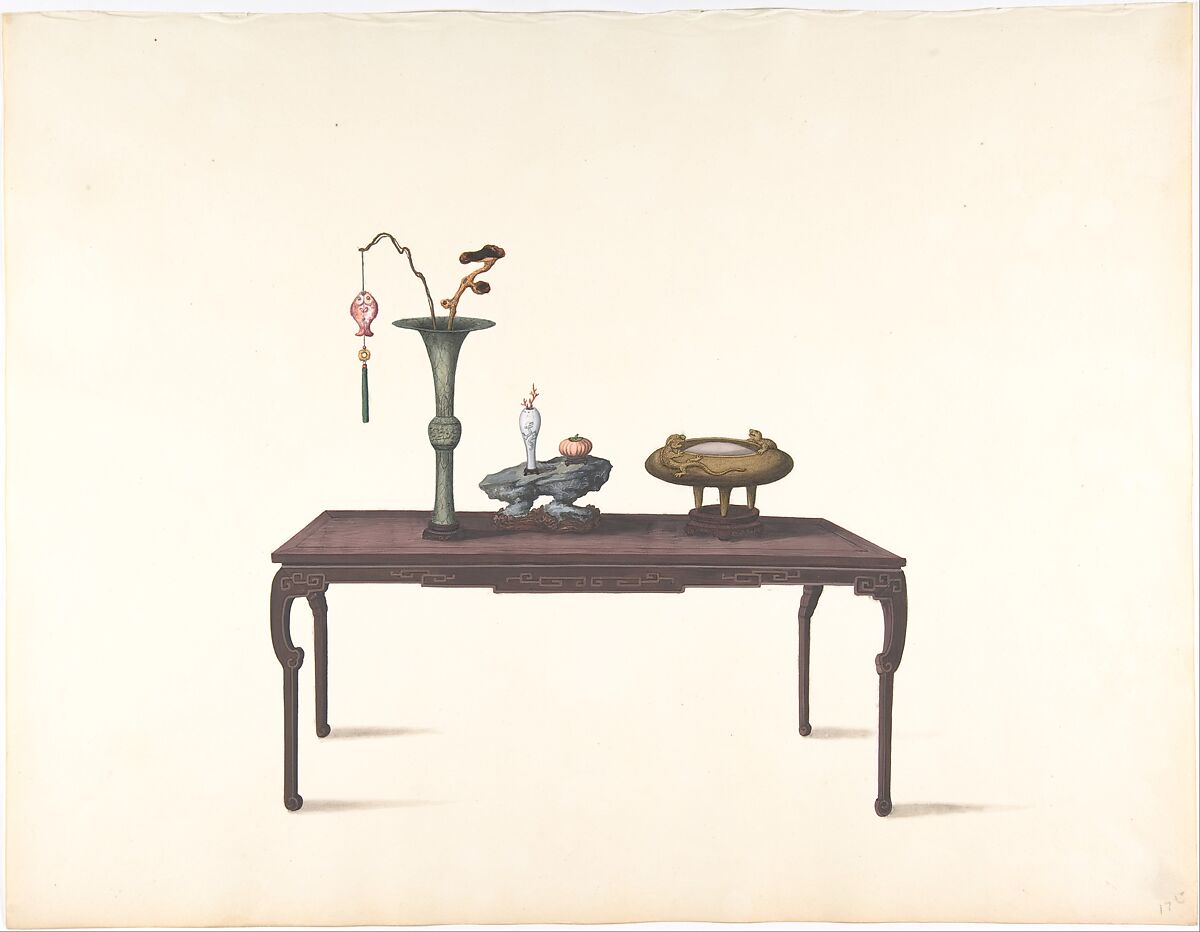 Long Dark Table with Decorative Objects, Anonymous, Chinese, 19th century, Pen and ink and gouache 