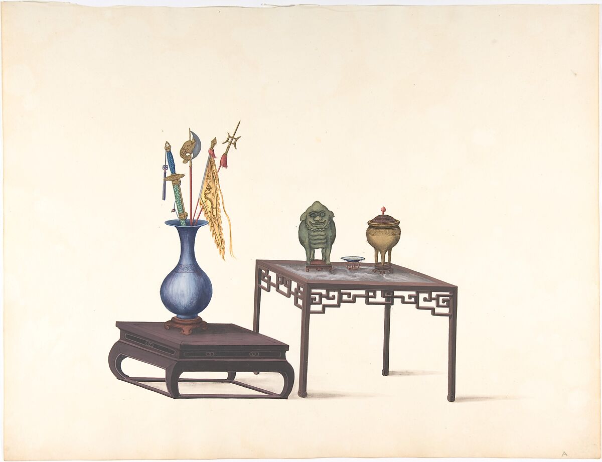 Two Tables, One Low with Large Vase and Objects, One Higher with Covered Pot, Lion and Small Bowl, Anonymous, Chinese, 19th century, Pen and ink and gouache 