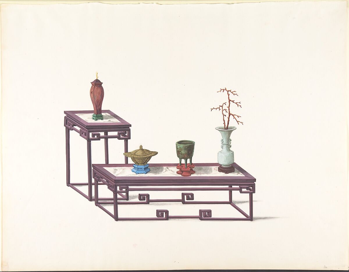 Two Tables with a Purple Finish, One with a Red Vase, the Other with Three Vases, Anonymous, Chinese, 19th century, Pen and ink and gouache 