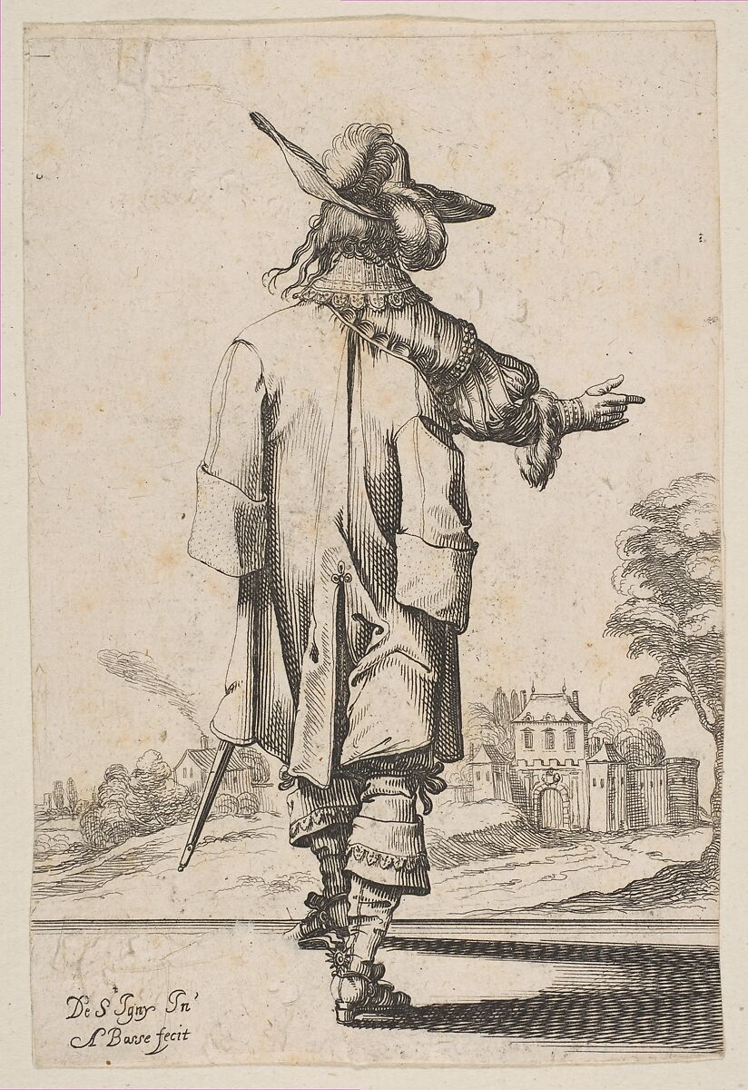 Gentleman Seen from the Back Pointing towards a Chateau, Abraham Bosse (French, Tours 1602/04–1676 Paris), Etching 