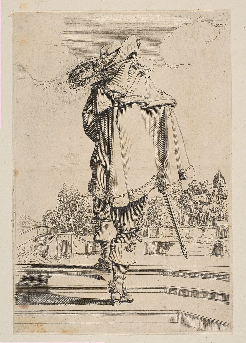 Gentleman in a Cape and Plumed Hat Seen from the Back, Anonymous, French, 17th century, Etching (reverse copy) 